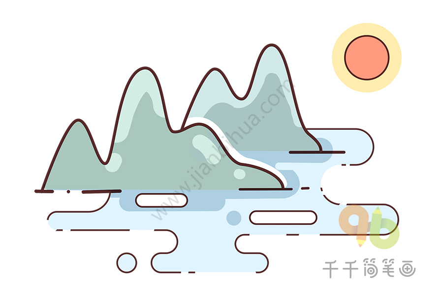 高山流水简笔画,远处的青山倒影在清澈的水中,山水环绕犹如仙境一般