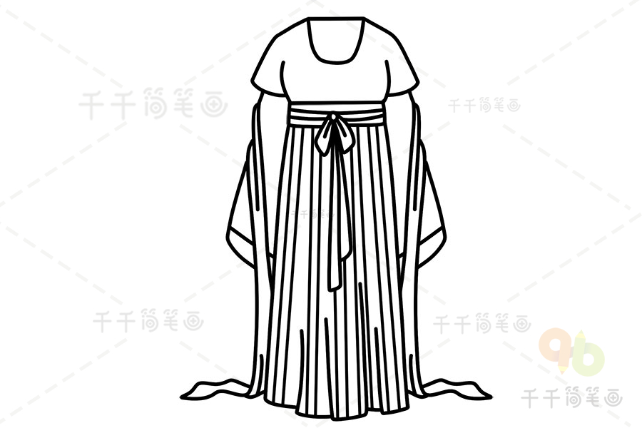 第四步:画出汉服的袖子,接着画上下裙外层的纱.