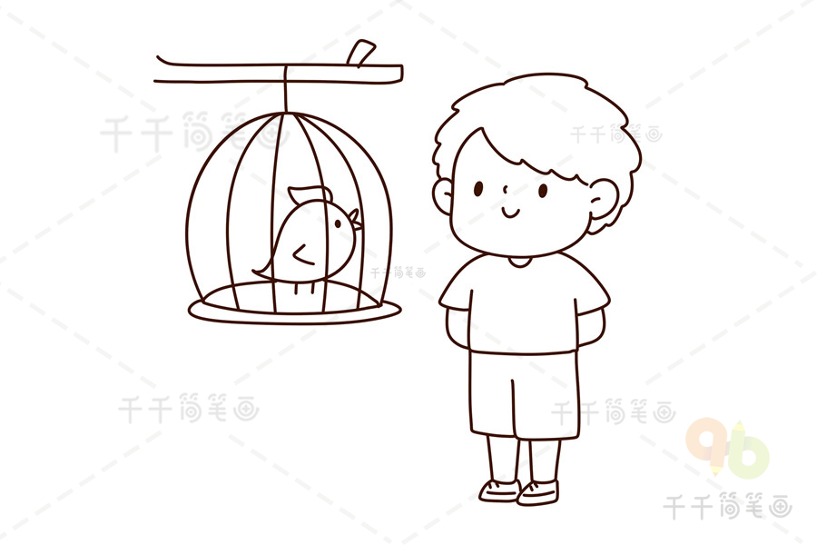 养鸟的男孩简笔画,男孩养了一只鸟,每天陪他玩耍.一起把他们画出来吧!