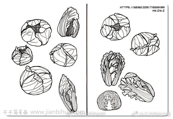 一组蔬菜水果等食物黑白简笔画