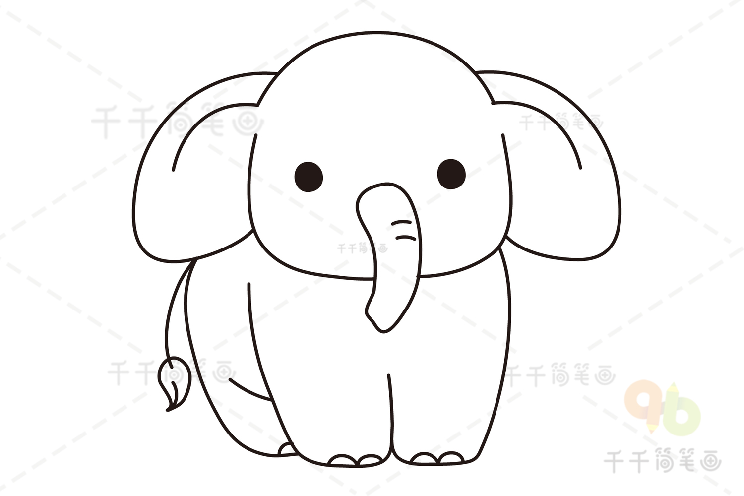 第二步:接着画出可爱的大象的身子.第一步:先画出可爱的大象的脸.