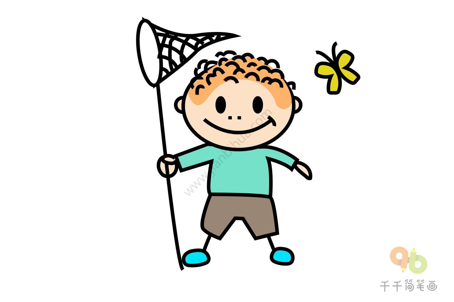 春天到了 在草地上放风筝的小男孩简笔画_儿童画简笔画