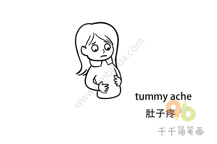 宝宝英文认知 肚子疼的小女孩简笔画