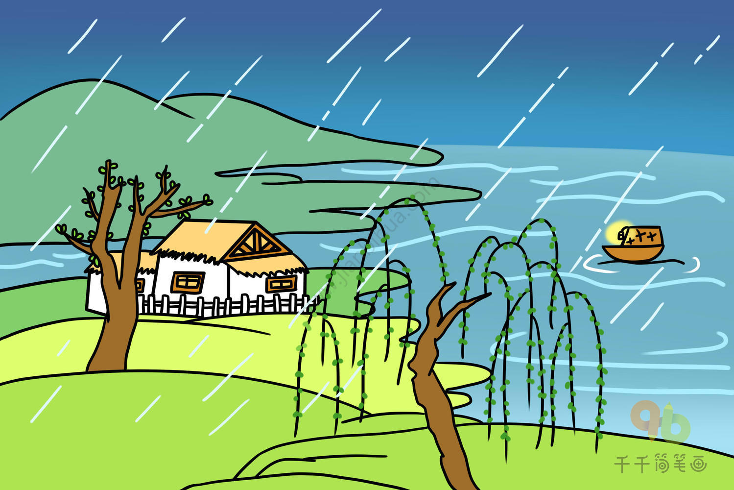 春夜喜雨儿童简笔画 春夜喜雨儿童简笔画画法 春夜喜雨儿童简笔画 春夜喜雨儿童简笔画画法