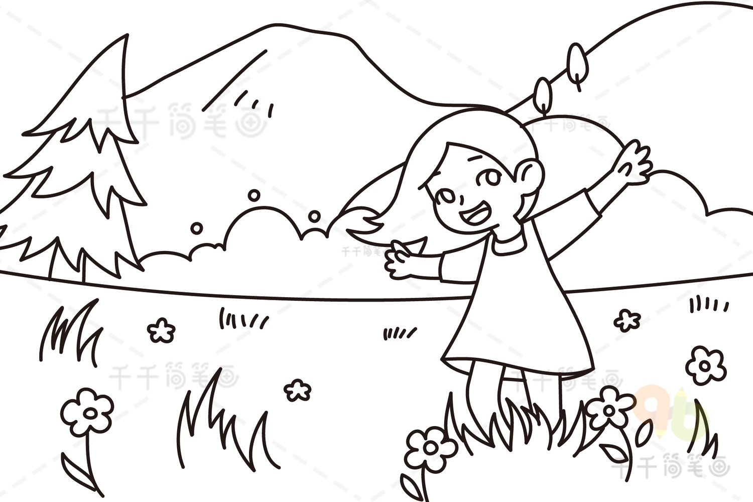 春回大地静待花开简笔画涂色模板girl with flower coloring page