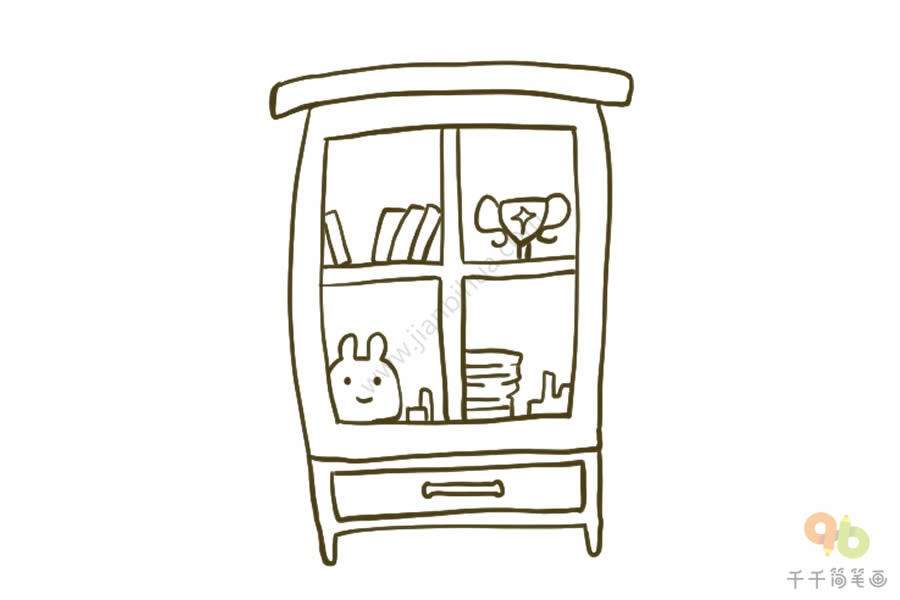 装有小兔兔的可爱书柜简笔画