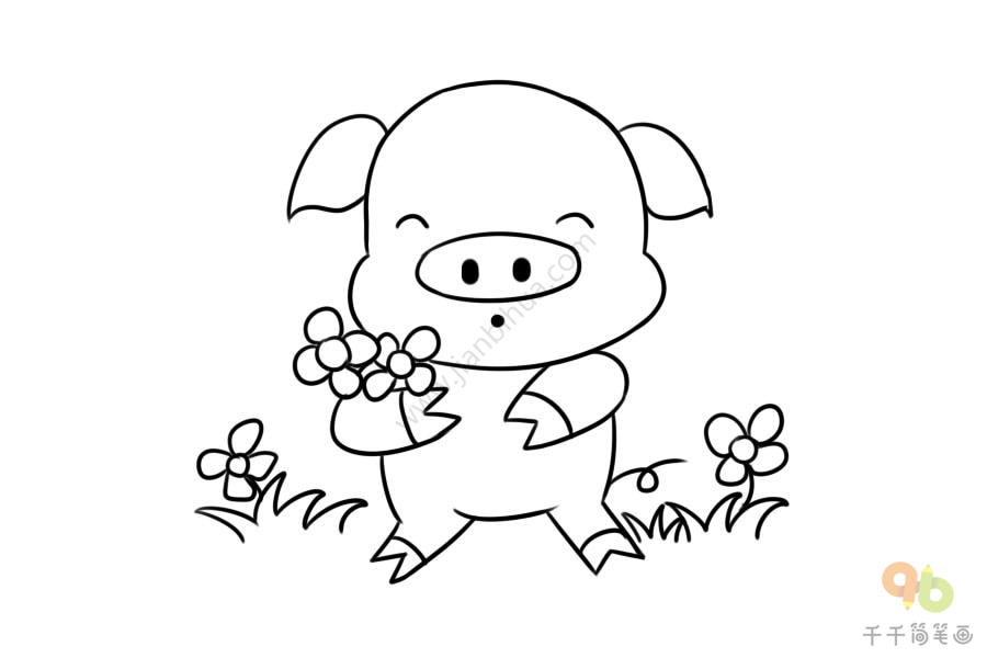 拿着花的小猪简笔画