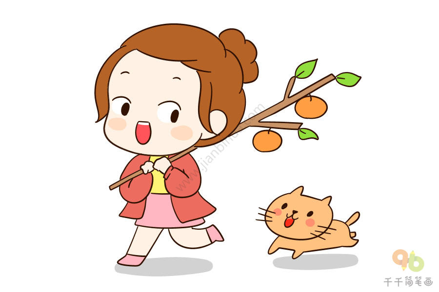 小女孩爱吃秋天的桔子简笔画