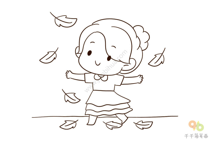 秋天的女孩和落叶简笔画步骤图
