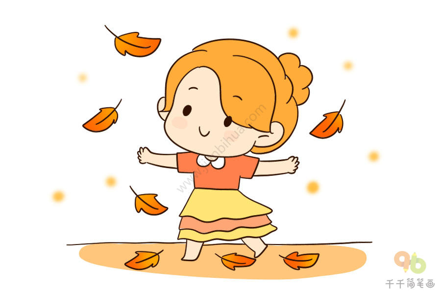 秋天的女孩和落叶简笔画步骤图