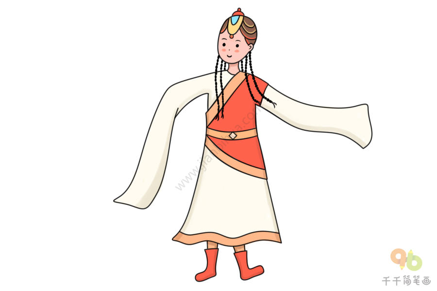 民族人物藏族女孩简笔画步骤图
