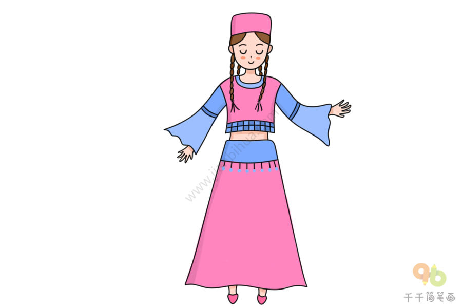民族人物维吾尔族女孩简笔画步骤图