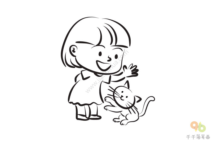 在和猫咪玩耍的小女孩简笔画