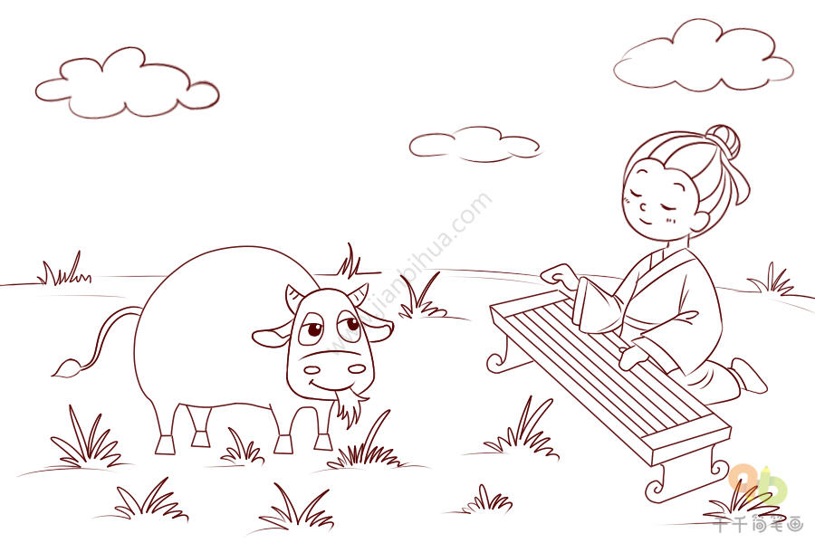动物成语故事对牛弹琴简笔画