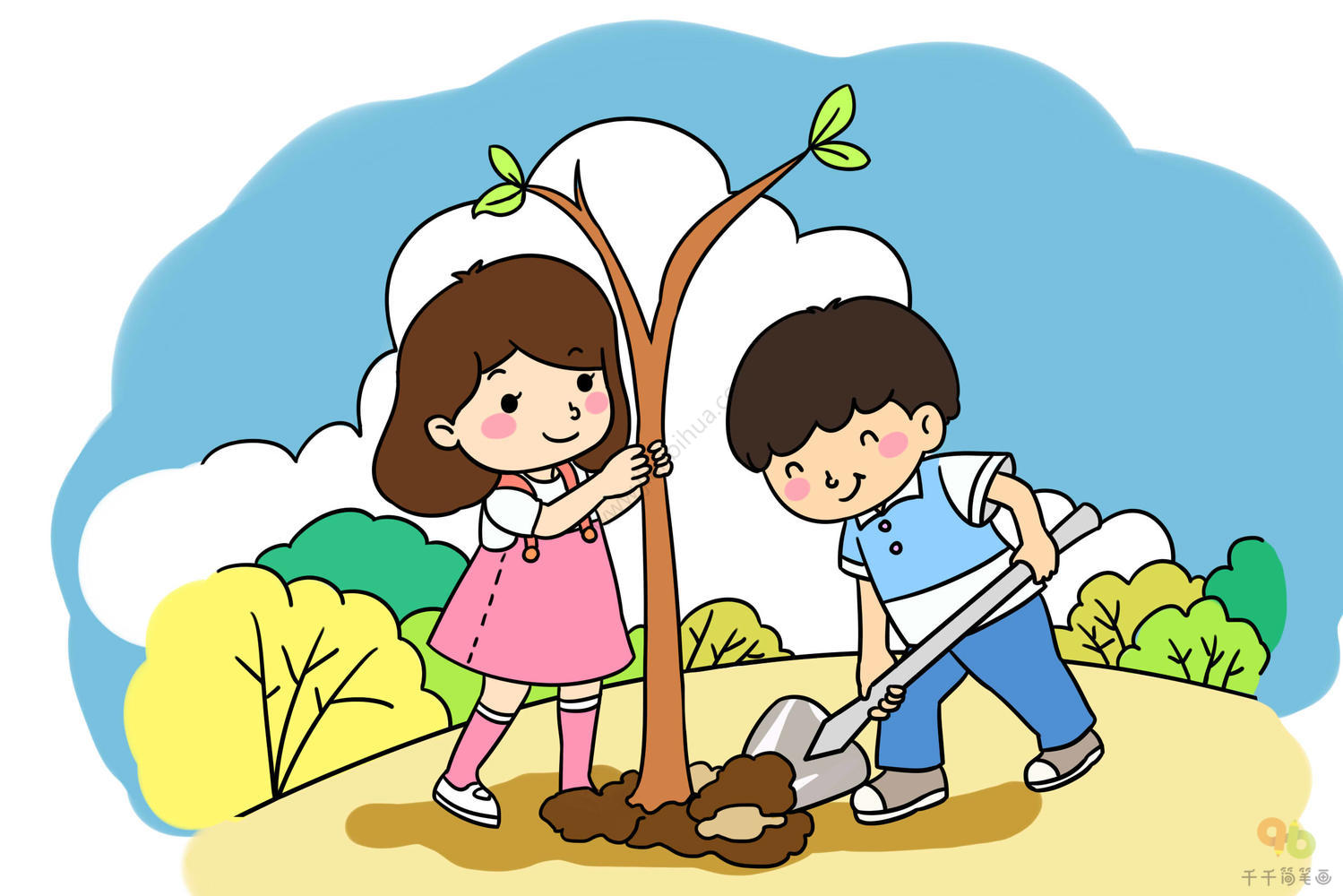 爱护花草树木 植树节简笔画步骤图