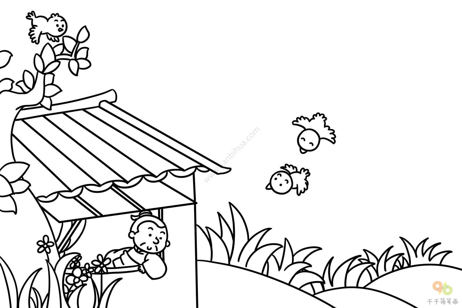 春天到了 在草地上放风筝的小男孩简笔画_儿童画简笔画