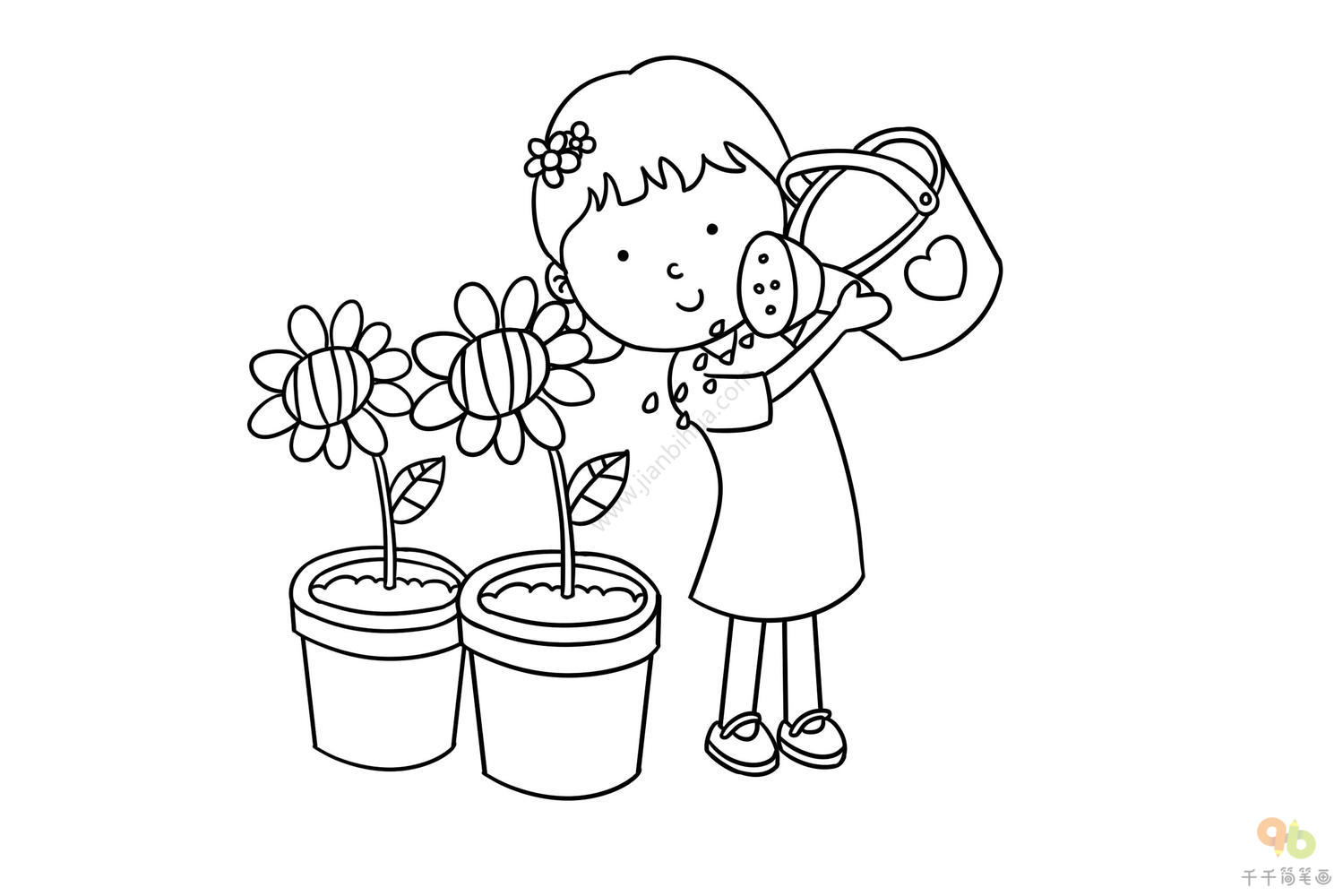 小孩给花浇水简笔画图片