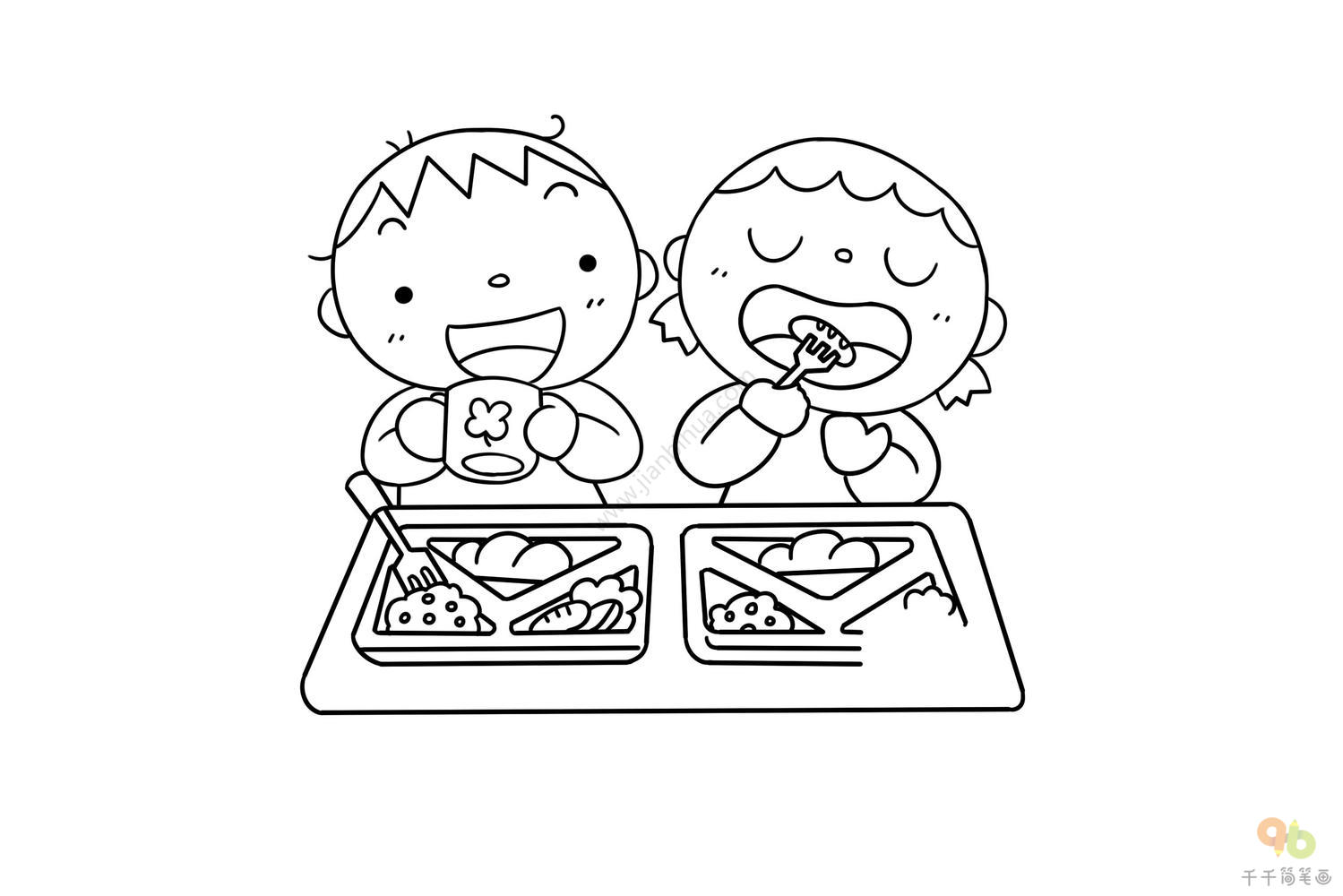 小学生食堂吃饭简笔画图片