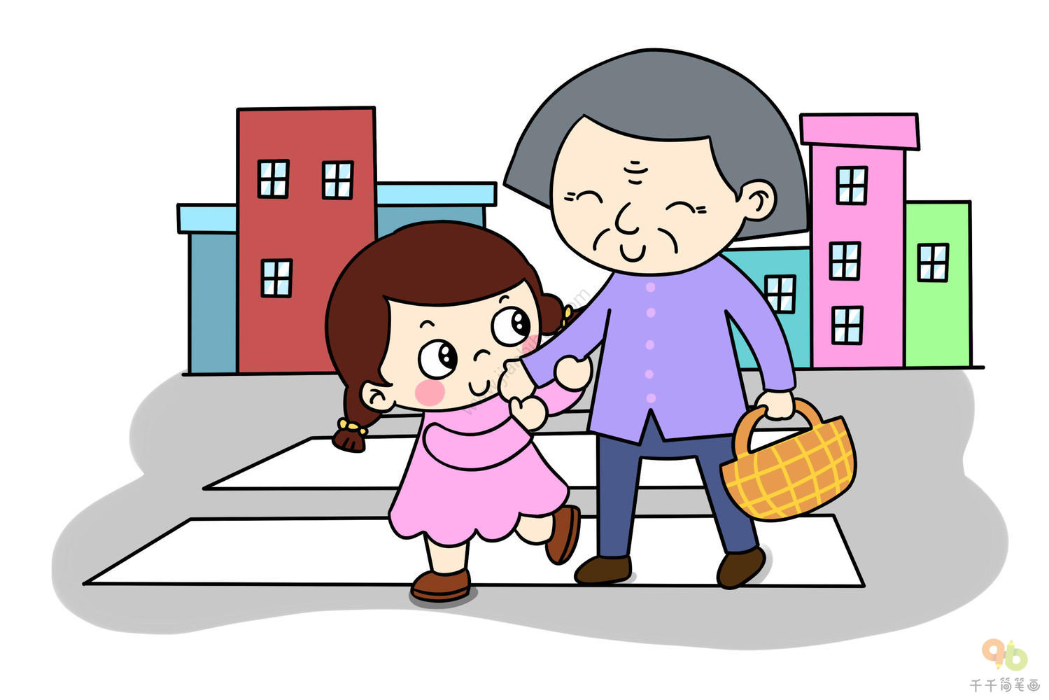 小女孩扶老人过马路简笔画 做个有爱心的宝宝
