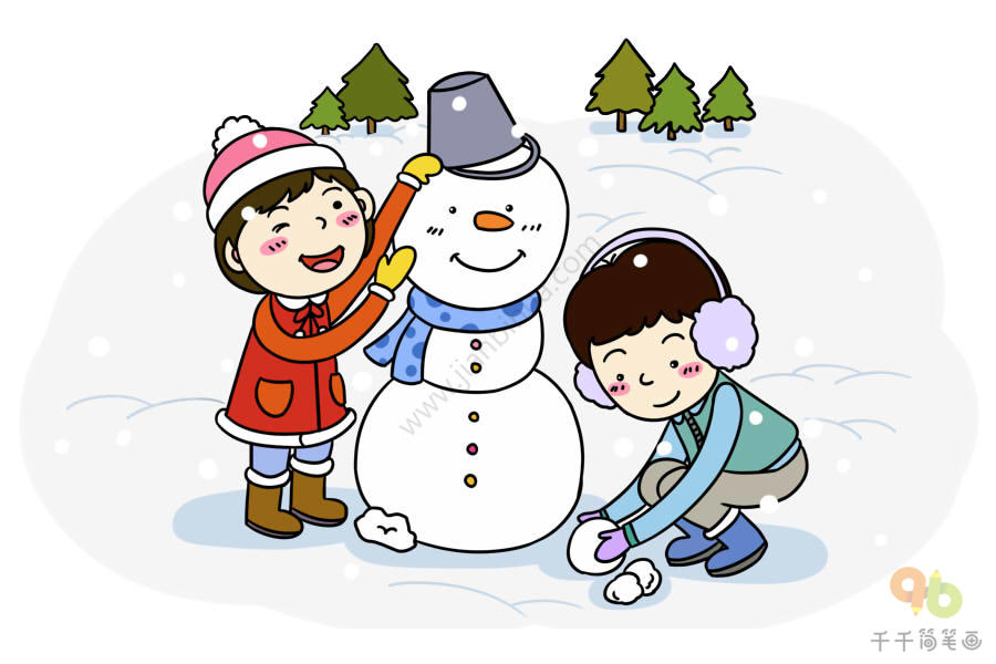 简笔画堆雪人的小孩图片
