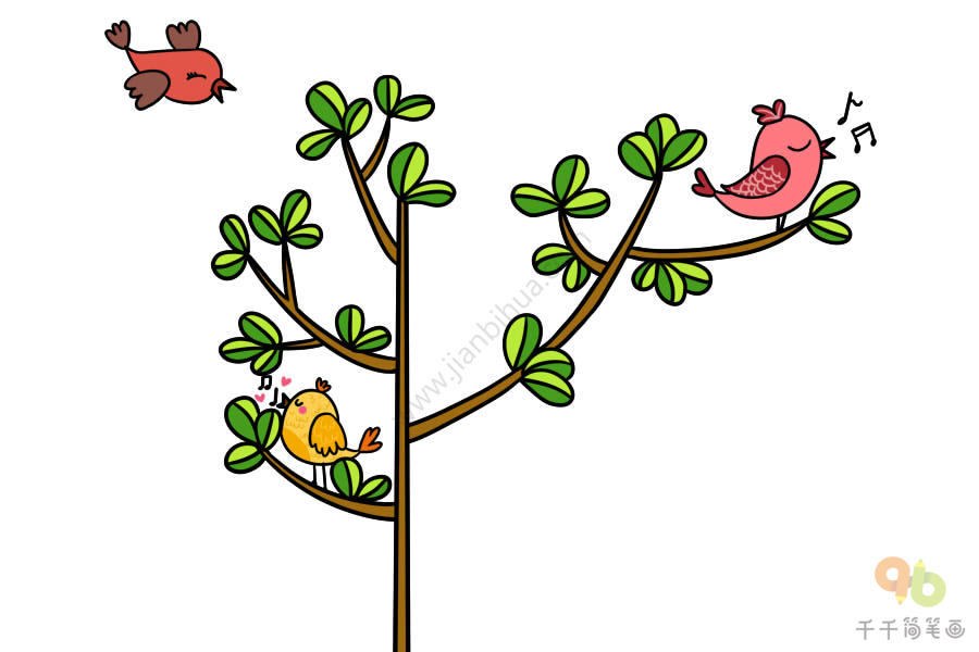 小鸟简笔画彩色树上图片
