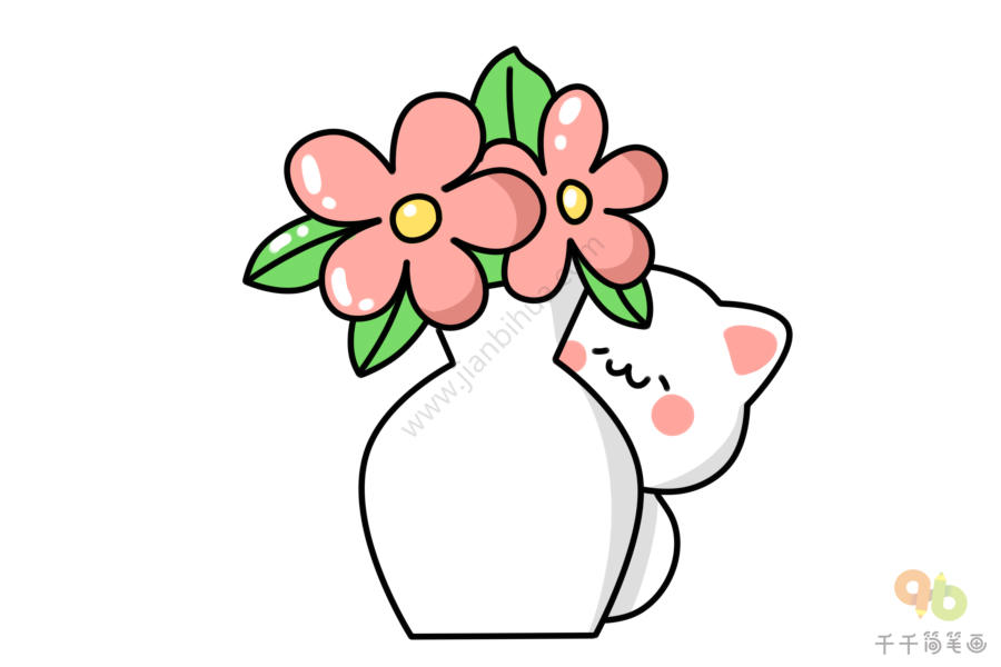 花瓶后的小猫简笔画我与花谁更好看呢 盆栽简笔画