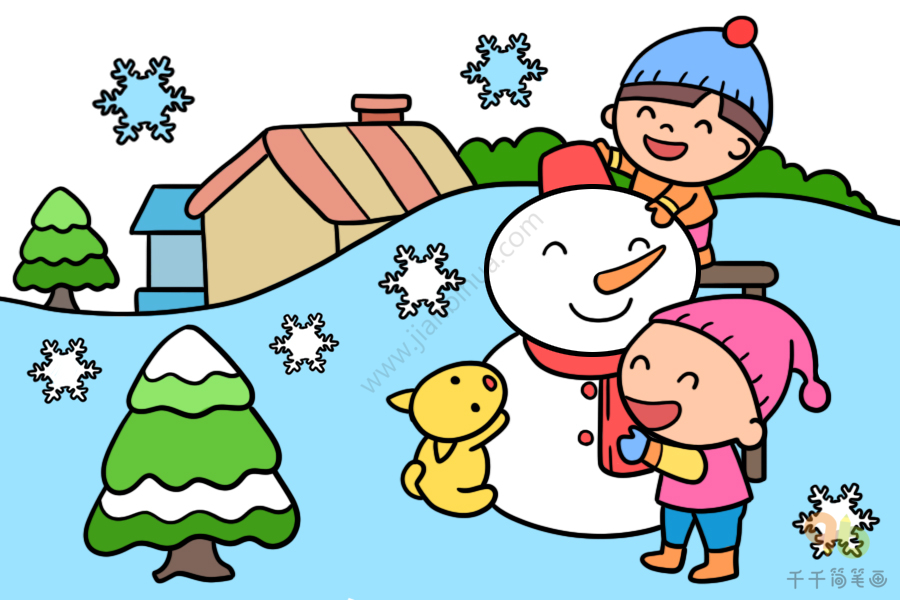 冬日的欢乐一起来堆雪人简笔画