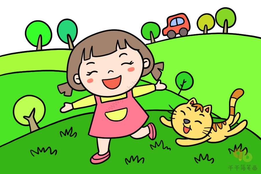 小女孩简笔画 蹦跑在春天的田野上