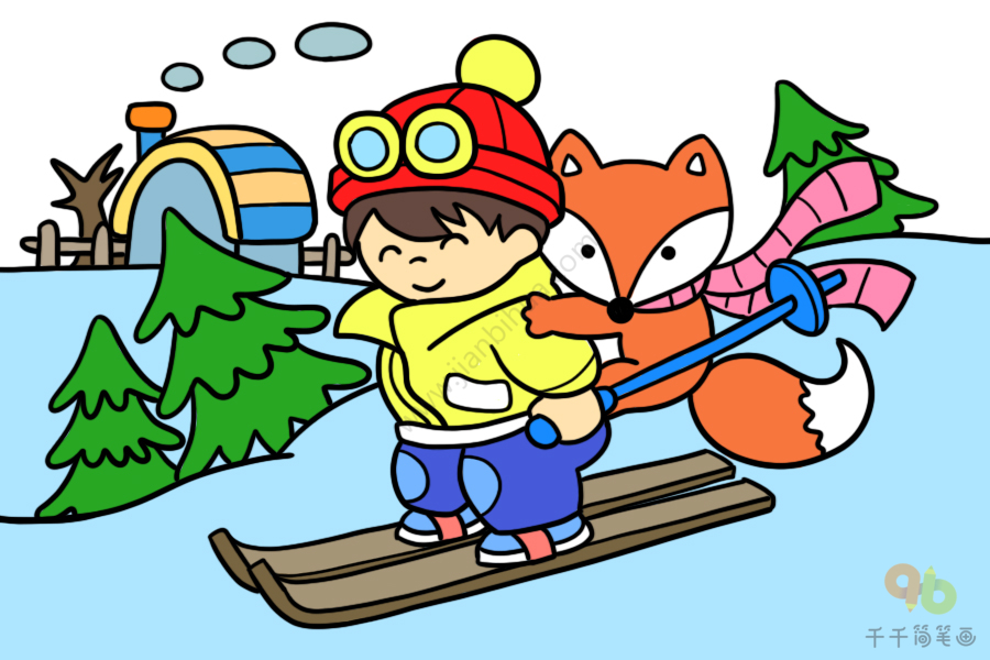 男孩带小狐狸滑雪简笔画 拥抱洁白的雪地