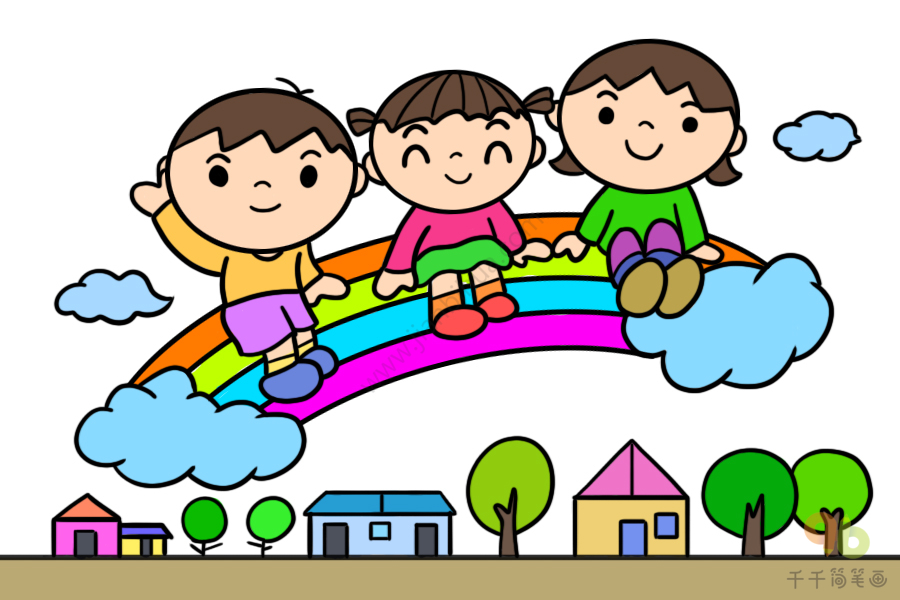 坐在彩虹上的小朋友简笔画 感受彩虹的美好