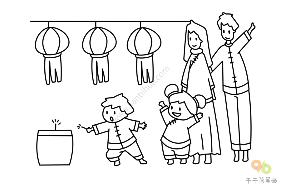 春节简笔画图片一家人放鞭炮
