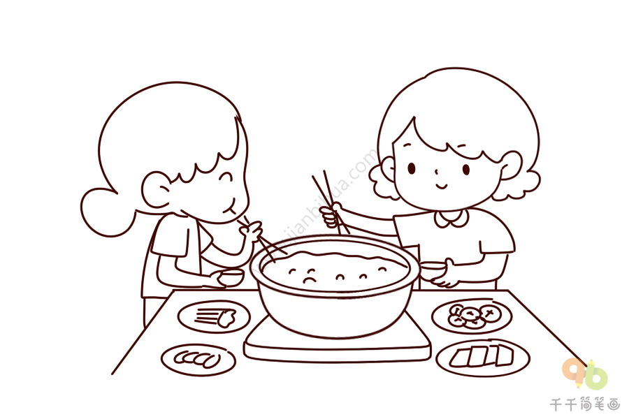 两个小朋友吃饭简笔画图片