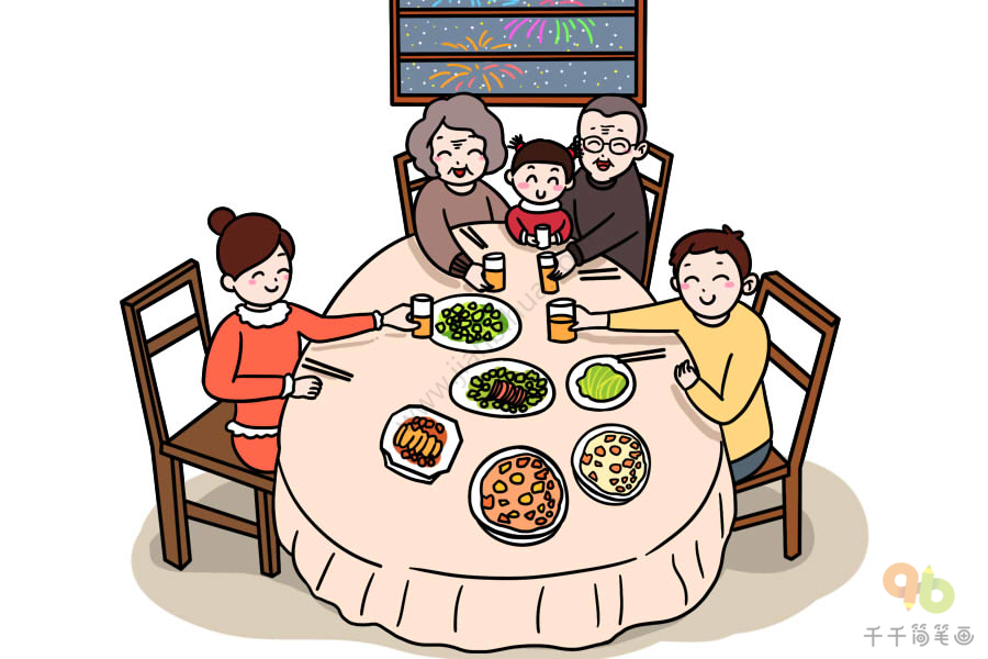 春节晚餐简笔画图片
