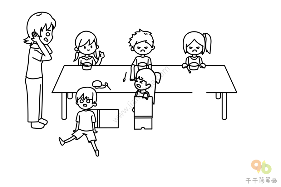 围着桌子吃饭简笔画图片
