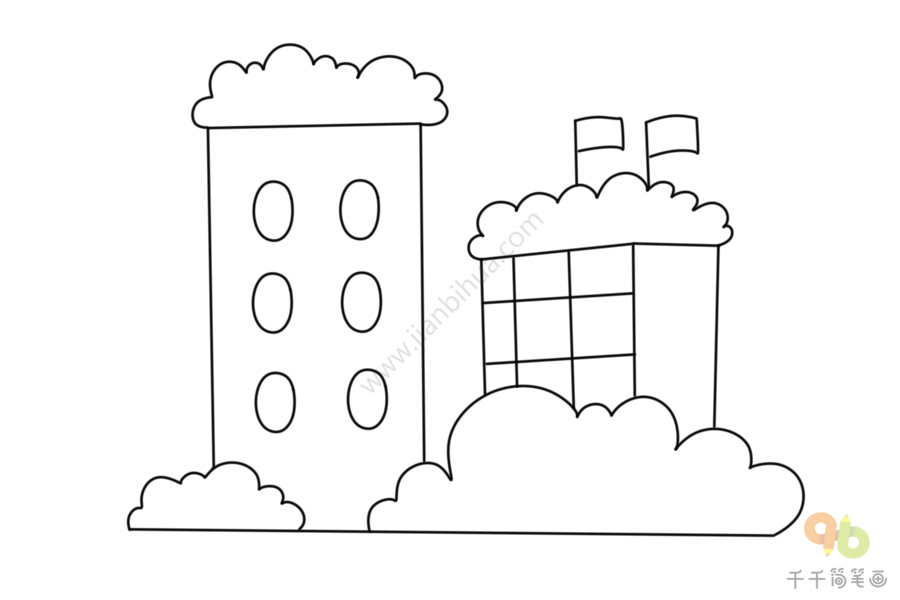 城市居民楼简笔画,今天给大家带来一组城市居民楼简笔画,楼房的周围