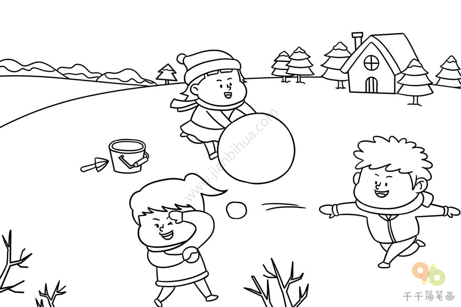 打雪仗简笔画小朋友图片