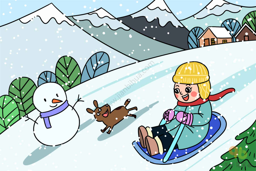 小孩滑雪简笔画彩色图片