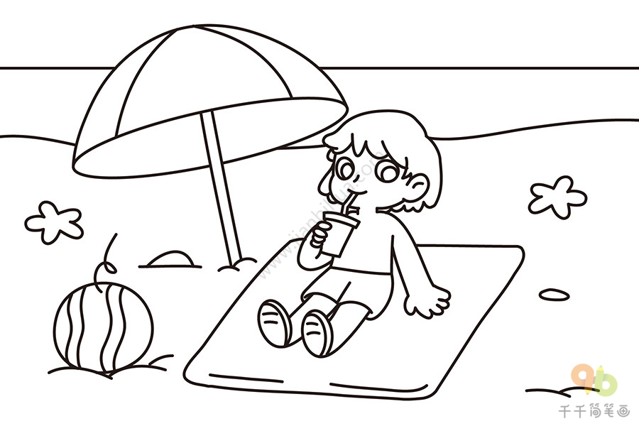 夏天来了简笔画,人们都喜欢在夏天来海边度假,躺在沙滩躺椅上,喝着