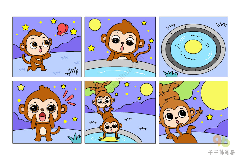 猴子捞月简笔画彩铅图片