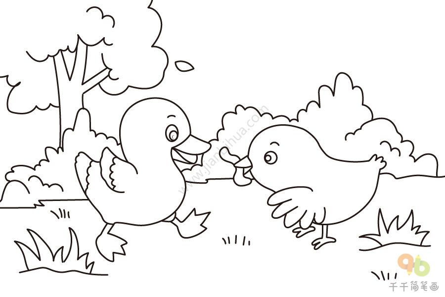 小学一年级课文玩耍的小公鸡和小鸭子简笔画