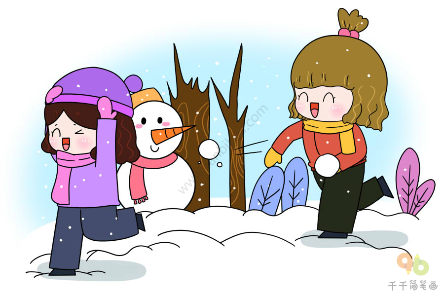 两个孩子打雪仗简笔画图片