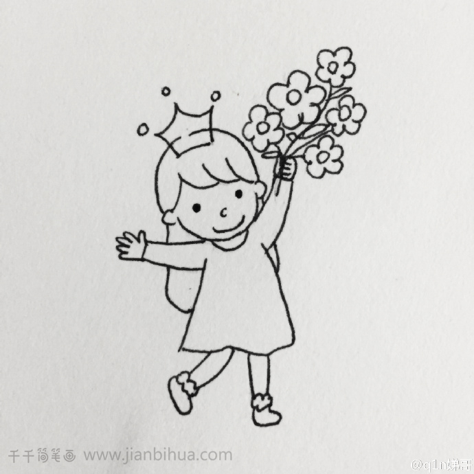 小姑娘举着一束花简笔画