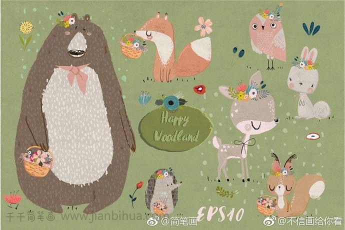 一组欧美风小动物简笔画