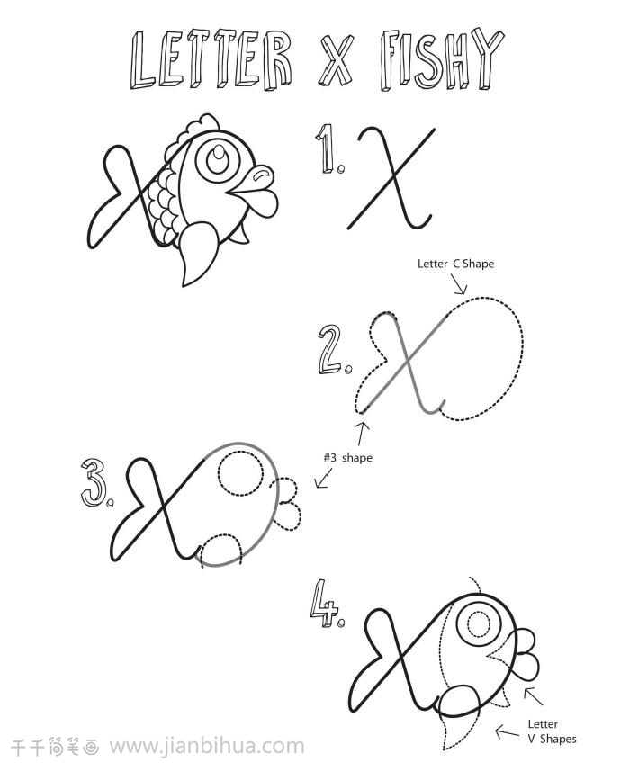 用字母x画一条鱼的简笔画