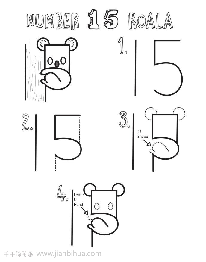 用数字15画一只可爱的考拉简笔画 数字形状简笔画