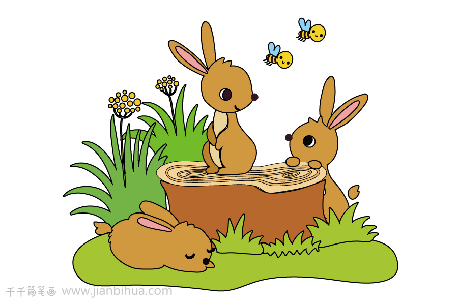 一对兔子在玩耍简笔画图片_情景动物简笔画