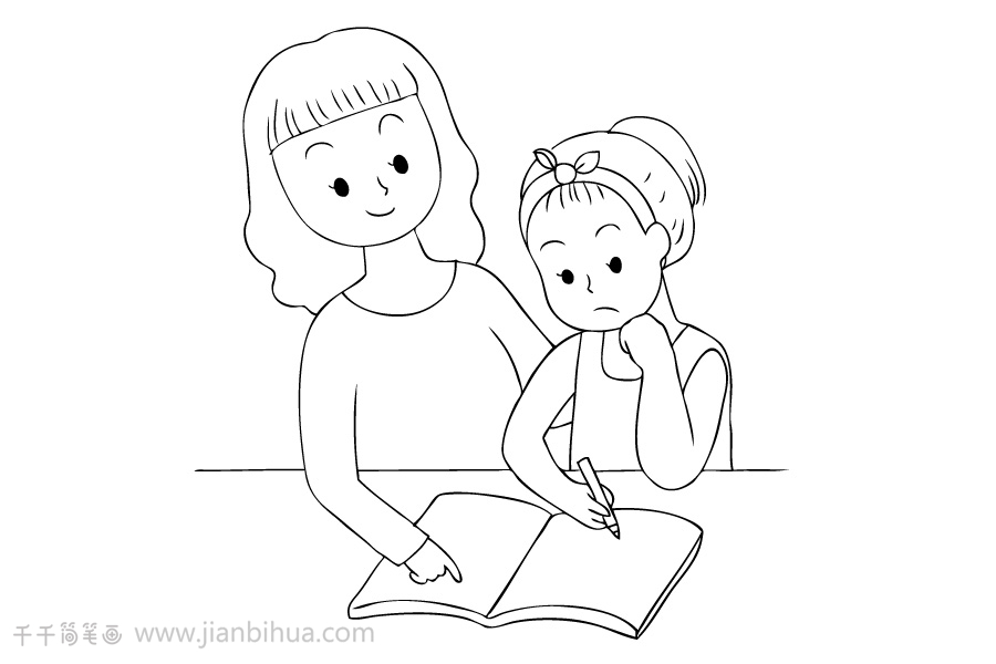 亲子陪伴一起画 妈妈陪伴女儿写作业