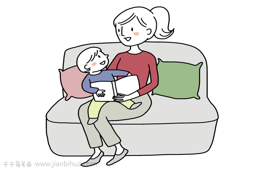 母子阅读时间简笔画步骤图,妈妈简笔画图片,妈妈和儿子全身简笔画