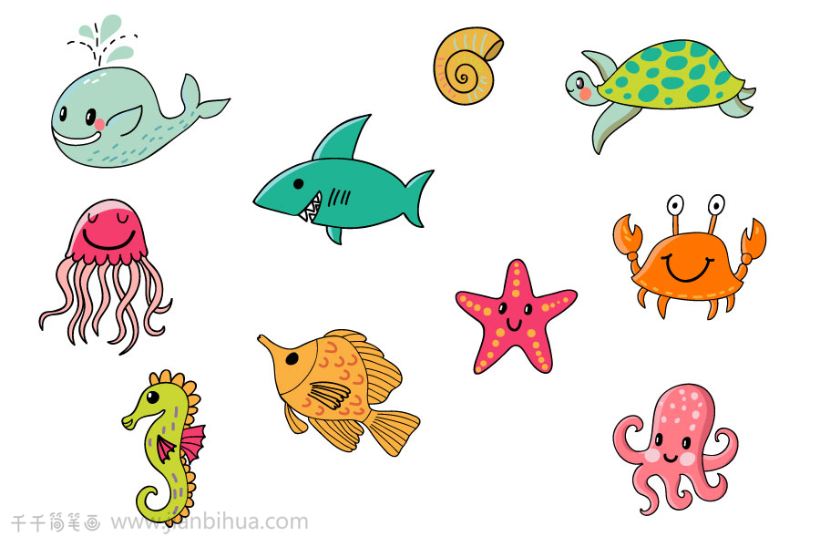 海里的动物简笔画彩色图片