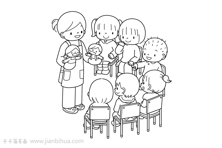 幼儿园情景简笔画排排坐听老师讲课 幼儿园的一天简笔画